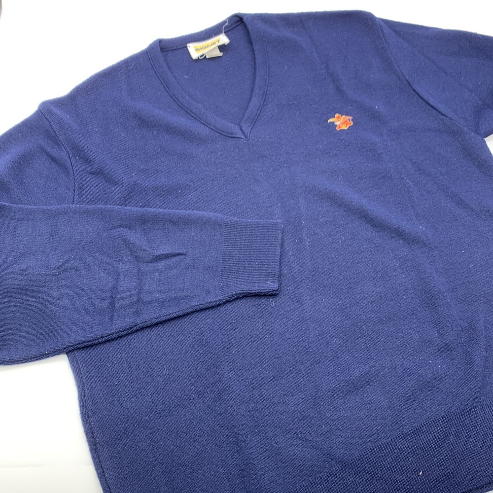 Vintage Signet Acrylic V Neck Sweater Navy Blue TeePee Embroidered Mens XL USA